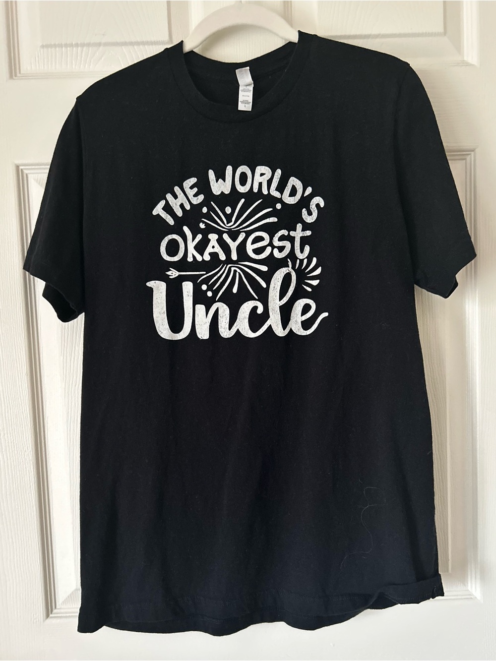 Funny Black Distressed Graphic Tee with White 'The World's Okayest Uncle' Print